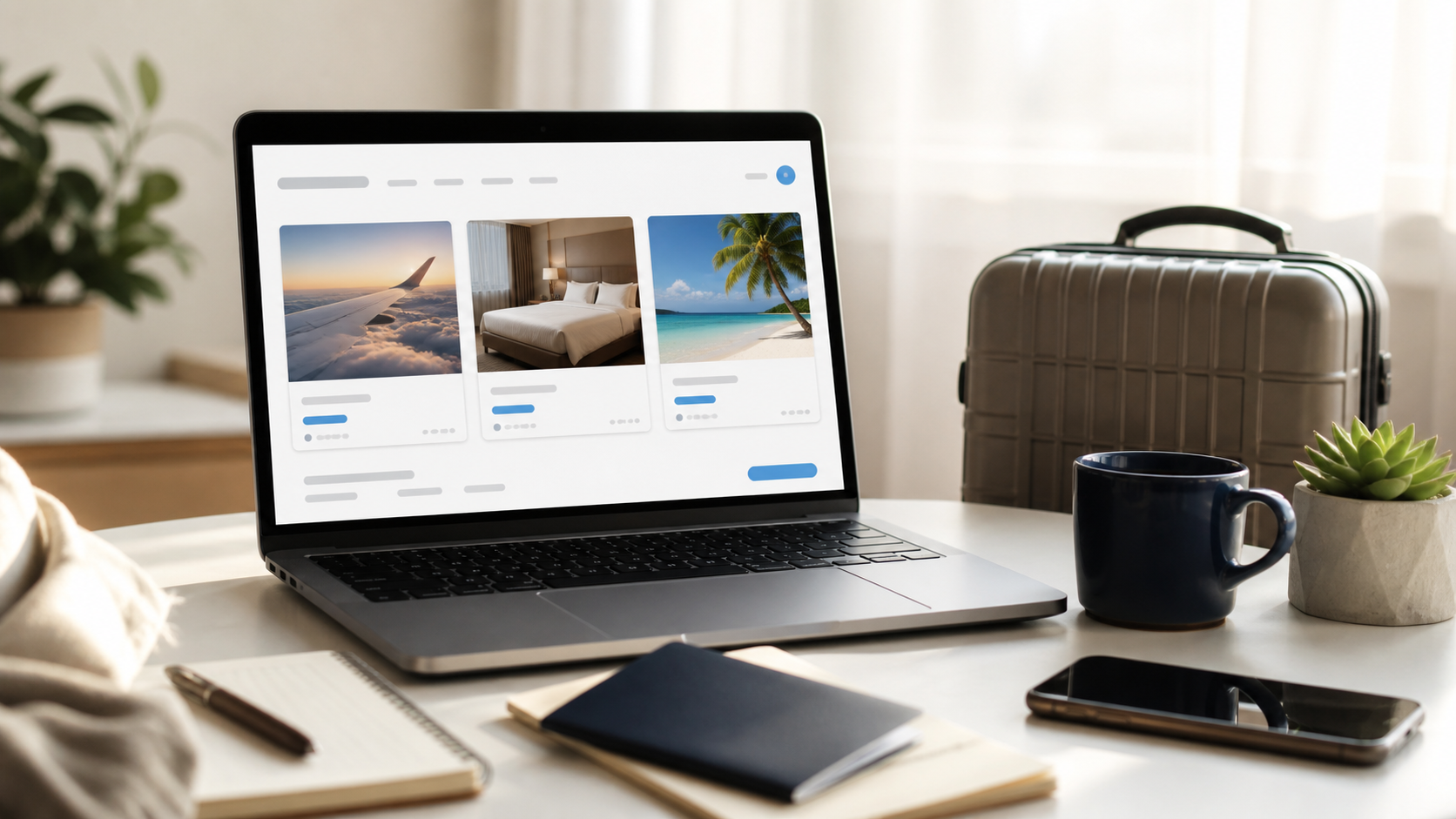 Notebook con opciones de viaje junto a una valija